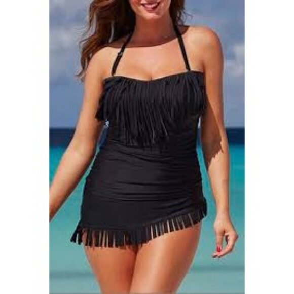 Swimsuits for All 12 Black Fringe‎ Tankini Bandeau Beach Swim Vacation Summer - Picture 9 of 9